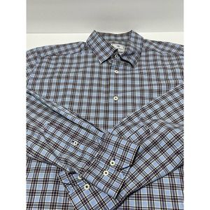 David Donahue Performance Blue Plaid Button Up Shirt Men's XL‎ EUC